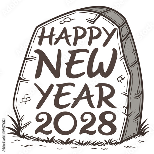 A cartoon tombstone displays the text happy new year 2028 in a darkly humorous holiday greeting illustration high quality professional
