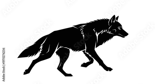 Black silhouette of a wolf walking on a white background.