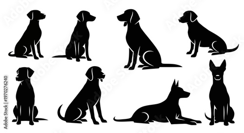 Dog silhouettes in various poses on a white background.