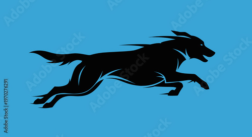 Dynamic black dog silhouette running on vibrant blue background.
