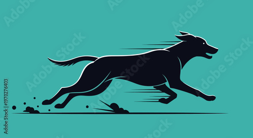 Dynamic silhouette of a running dog, capturing speed and motion against a vibrant background.