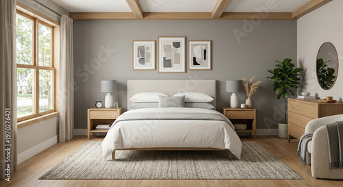 A beautifully designed modern bedroom with natural wood accents and cozy textiles.
