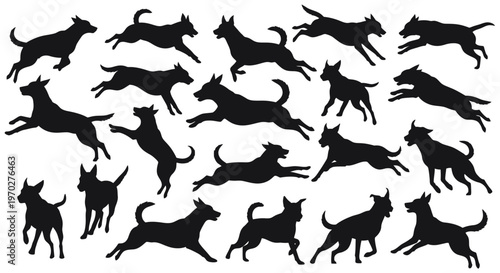 Dynamic Silhouettes of Dogs in Various Playful Poses and Movements.