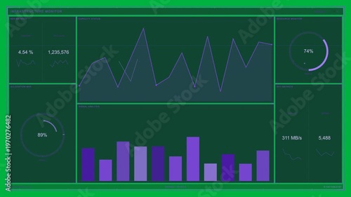Data arriving, monitor UI updating charts, gauges, counters on transparent bg, showing performance