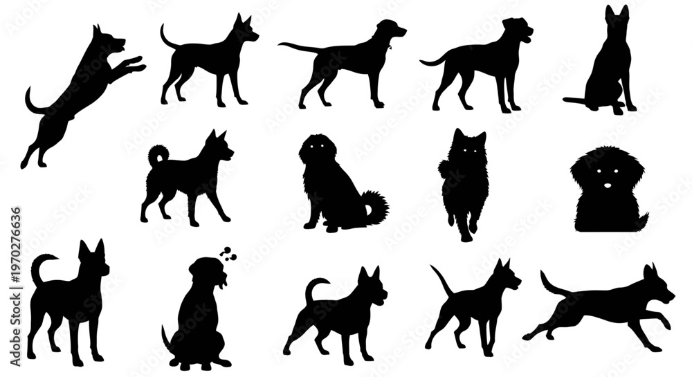 Obraz premium Diverse Collection of Dog Silhouettes in Various Poses and Breeds.