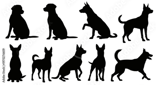 Collection of various dog silhouettes in different poses and breeds.