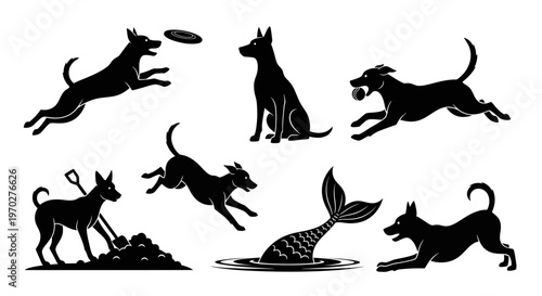 Collection of dog silhouettes in various playful and imaginative poses, including jumping, sitting, digging, and even a mermaid dog.