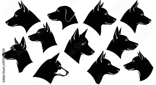 Collection of diverse dog head silhouettes in profile view.