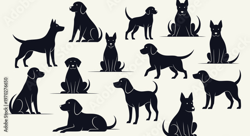 Collection of various black dog silhouettes in different poses.