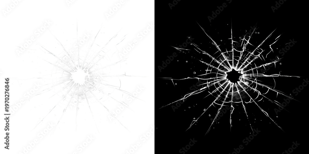 Obraz premium Detailed Broken Glass Surface With Circular Impact Hole And Sharp Shards On Transparent Background PNG