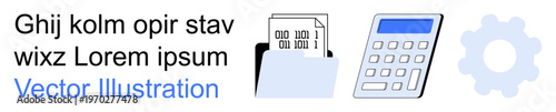 Data computation, technology integration, coding education, financial calculations, information management, digital processing. Features folders, calculator and gear symbols. Data computation