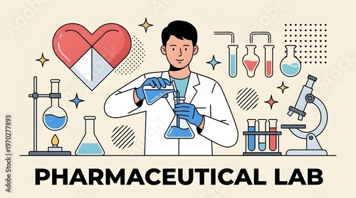 Male scientist working in a pharmaceutical lab illustration with labware and microscope