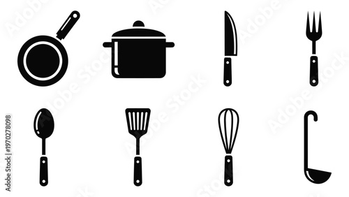 A collection of black kitchen utensils including a frying pan pot knife and spatula in silhouette high quality professional detailed modern