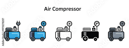 Air compressor icon different style vector illustration, two color and black versions, filled outline line and stroke design, web mobile ui interface usage.