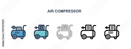 Air compressor icon different style vector illustration, two color and black versions, filled outline line and stroke design, web mobile ui interface usage.