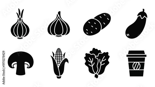 A collection of various vegetable and food item silhouettes including an onion corn and mushroom silhouette high quality professional detailed modern