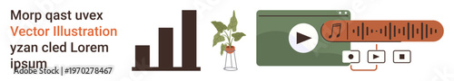 Data analysis, user interface, multimedia, content creation, audio playback, creative design. Bar chart, play button audio waveform and a plant. Data visualization and user interface concept