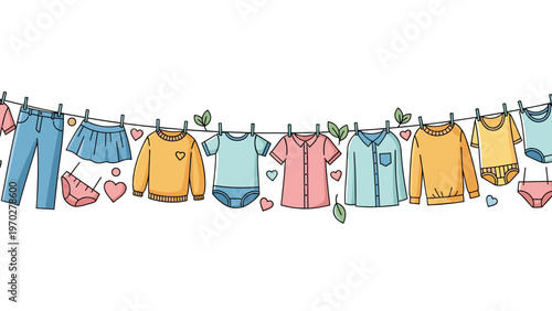 Variety of colorful children clothing items like shirts and sweaters are hanging on a clothesline with small heart and leaf decorations nearby.