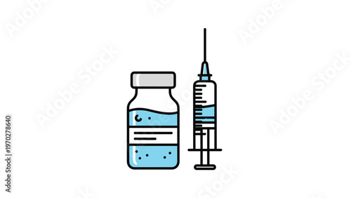 Medical vial of blue vaccine liquid sits next to a sharp syringe ready for injection as part of a healthcare or immunization program concept.
