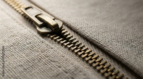 Close up macro shot of a golden metal zipper on beige textured fabric material