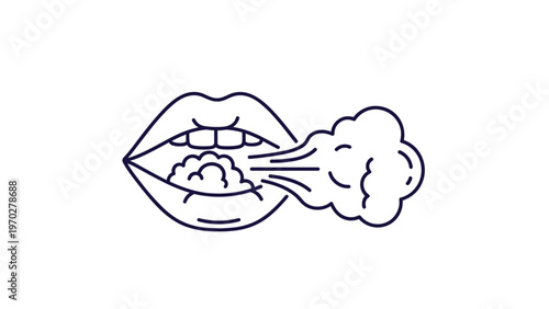 Graphic icon of an open human mouth with a cloud of bad breath escaping from it illustrates issues related to halitosis or oral hygiene.