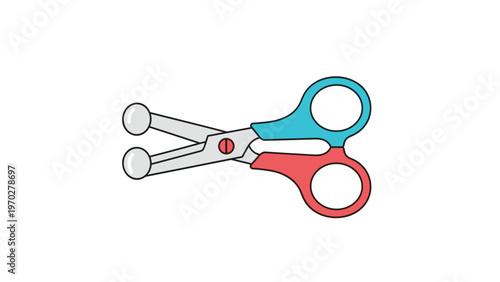 Pair of safety scissors designed for children features rounded blades and colorful red and blue handles for arts and crafts activities at school.