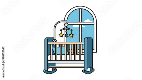 Comfortable baby crib with a star and moon mobile is positioned in front of a window with a clear blue sky and fluffy white clouds outside.