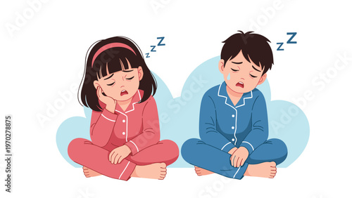 Two sleepy children in pajamas sit cross-legged and yawn with exhaustion during a late night or very early morning in a bedroom setting.