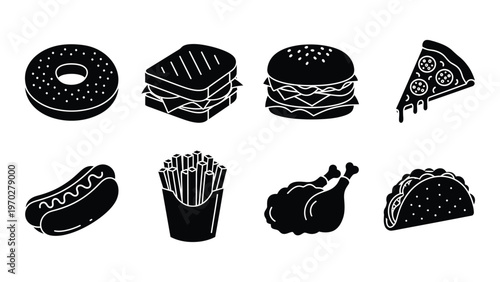 An assortment of fast food items including a donut burger pizza and hotdog presented in black silhouette high quality professional detailed