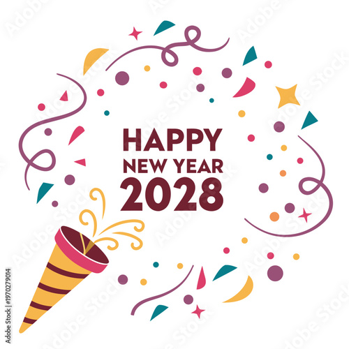 A vibrant and festive graphic announces happy new year 2028 surrounded by colorful confetti and a party horn high quality
