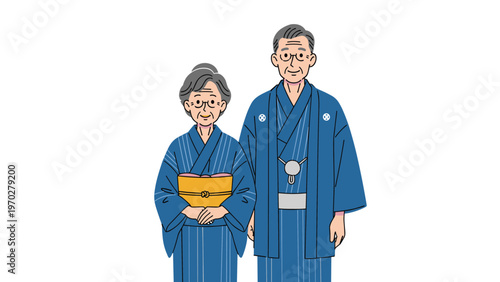 Elderly Japanese couple dressed in matching blue yukatas with intricate patterns stand together to represent tradition and aging gracefully.