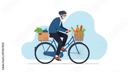 Senior man wearing a helmet and face mask rides a bicycle with baskets full of fresh vegetables and groceries for a healthy lifestyle.