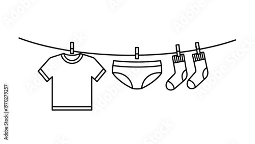 Minimalistic line drawing shows a t-shirt, underwear, and a pair of socks hanging on a laundry wire with pegs for a clean household theme.