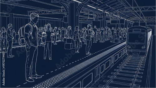 People Waiting on Train Platform, Commuter with Backpack, CAD Blueprint Line Art, Dark Navy Background