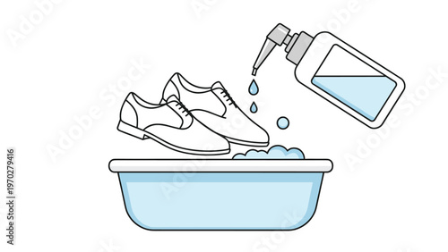 Blue cleaning liquid is poured from a dispenser bottle onto a pair of white shoes in a tub for an effective and thorough washing routine.