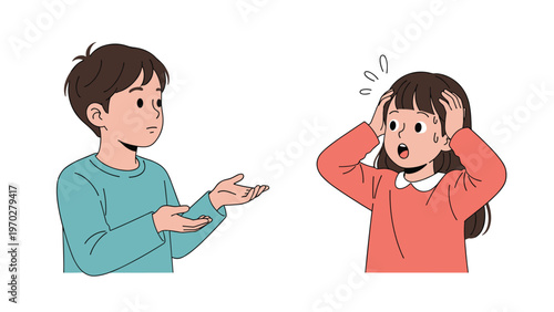 Young boy with open hands talks to a worried girl who is holding her head in distress during a difficult conversation or misunderstanding.