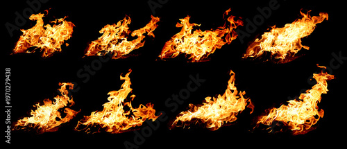 Set of 4 images of flames in the form of dragons and strange waves isolated on a black background, for use with specific backgrounds in designs.