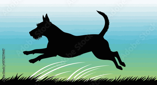 Silhouette of a dog running and jumping in a field.