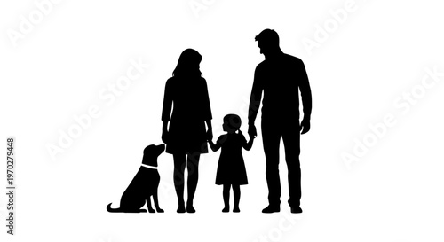 Family silhouette with dog on white background.