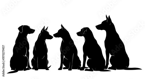 Five dogs sitting in a row, silhouetted against a white background.