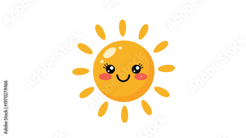 Cute cartoon sun character with a smiling face and rosy cheeks brings warmth and happiness to a bright summer day.