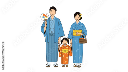 Happy Japanese family wears traditional blue yukata and orange kimono while celebrating a summer festival together.