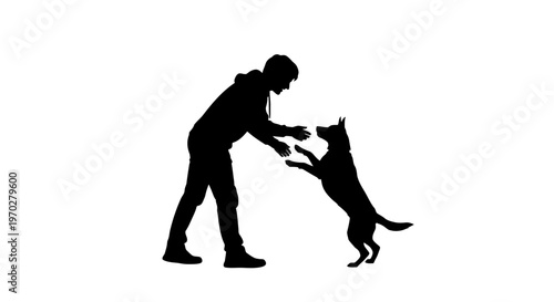 Silhouette of a man playing with his dog, showing companionship and joy.