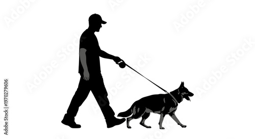 Silhouette of a man walking a German Shepherd dog on a leash.