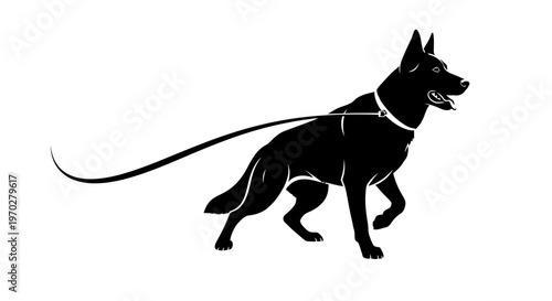 German Shepherd dog on a leash, black silhouette illustration.