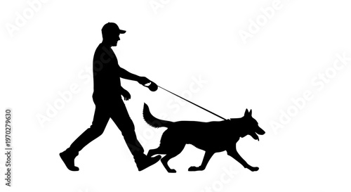 Silhouette of a man walking his dog on a leash.