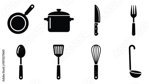 A collection of black kitchen utensils including a pot pan knife and spoon presented as a silhouette high quality professional detailed