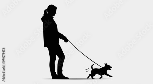 Silhouette of a person walking a small dog on a leash.