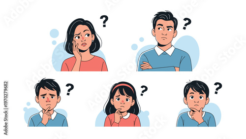 Group of diverse people including men women and children looking confused while thinking about difficult questions or problems.