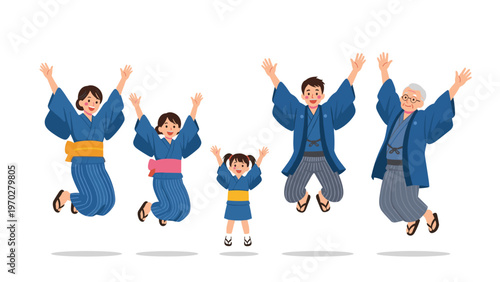 Multi-generational Japanese family wearing blue yukata jumping high in the air with excitement during a summer festival.